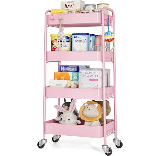 TOOLF 4 Tier Metal Rolling Cart, Utility Storage Cart with Wheels, Pink | Screwless Assembly, Lockable Metal Wheels, Trolley Organizer for Bathroom, Kitchen, Office, Dorm, Laundry, Craft Room