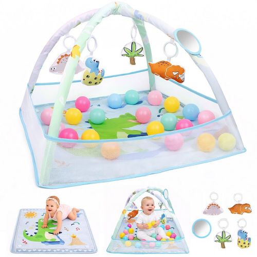 YEVYO 4-in-1 Baby Play Mat Gym with Fence, Ball Pit & Toys - Foldable Waterproof Tummy Time Mat