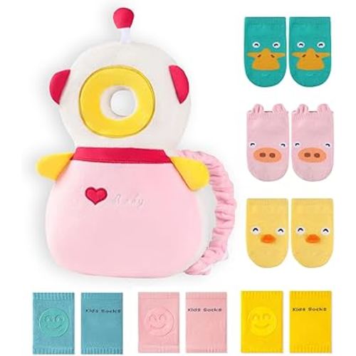 JunNeng Toddler Baby Head Protector Backpack for Toddler Walker with Knee Pads&Anti-Slip Socks, Robot Pink
