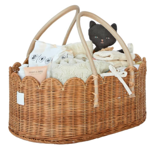 BEBE BASK Premium Baby Diaper Caddy Organizer - Handmade & Award-Winning Scalloped Rattan Basket - Luxury Diaper Caddy Basket - Elegant Scalloped Edge (Mocca)