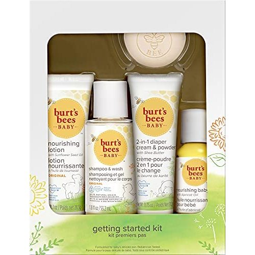 Burt's Bees Baby Getting Started Gift Set, 5 Trial Size Baby Skin Care Products, Lotion, Shampoo & Wash, Daily Cream-to-Powder, Baby Oil and Soap, Yellow