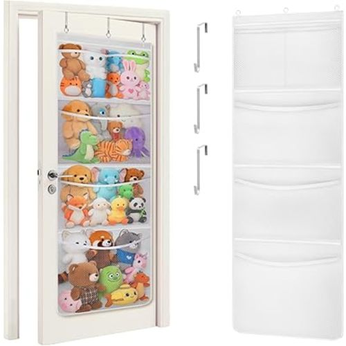 Lifewit Stuffed Animal Storage, Over the Door Organizer with 5 Expandable Mesh Pockets, Breathable Oxford Fabric Hanging Kid Baby Plush Toy Holder for Nursery, 167 cm (65.8'') High, White, 1 Pack