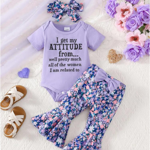 3 New Summer Outfits For Baby Girls, I Get My Attitude From Letter Short Sleeved Ha Yi Floral Printed Flared Pants&Headband Set | SHEIN USA
