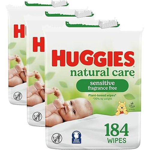 Huggies Natural Care Sensitive Baby Wipes, Unscented, Hypoallergenic, 99% Purified Water, 1 Refill (184 Wipes Total) (Pack of 3)