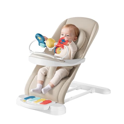 Monamii Baby Bouncer, Easy to Assemble Baby Bouncer Seat with Feeding Tray | 3 Adjustable Positions, Detachable Piano & Machine-Washable Cover – A Comfortable Bouncer Seat for Babies (Beige)