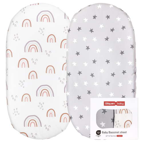 Gllquen Baby Gray and White Bassinet Fitted Sheet Set, 2 Pack, for Newborn Infant Girls or Boys Nursery Bedding Mattresses Cover, Twinkle and Rainbows