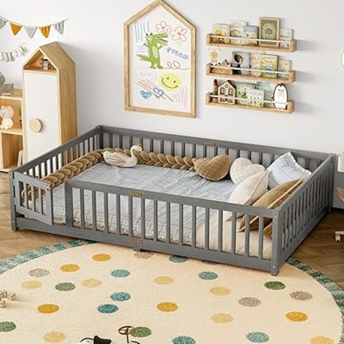 Bellemave Queen Floor Bed Frame with Rails and Door, Solid Wood Montessori Queen Size Floor Bed, Low Profile Montessori Beds with Removable Slats, Grey