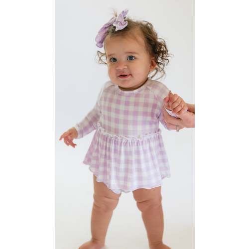 Infant Long Sleeve and Skirt Onesie in Purple Gingham - 0-3