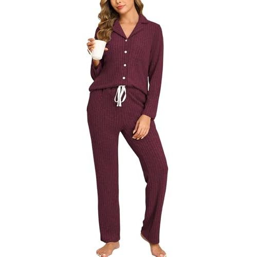 Veseacky Women's Ribbed Knit Pajamas Set 2 Piece Warm Soft Loungewear Sleepwear Pjs S-XXL