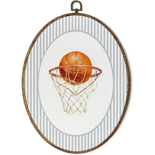 FSTCSV Vintage Basketball Nursery Oval Wall Art Framed, Retro Basketball Sport Canvas Prints Wall Hanging Art, Vintage Sport Nursery Oval Walls Decor for Boys Room Home Bedroom, 8.8x11.5in