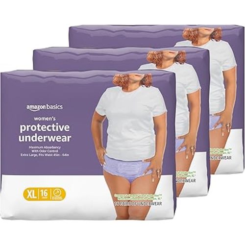 Amazon Basics Incontinence Underwear for Women, Protective, Disposable, Postpartum, Maximum Absorbency, X-Large, Lavender, 48 Count (3 Packs of 16)