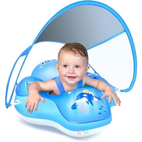 LAYCOL Baby Pool Float with Canopy UPF50+, 5 Point Safety Buckle No Flip Over, Inflatable Toddler Floaties Infant Pool Floats with Double Air Chambers, Baby Beach Essentials/Traval for 3-36M