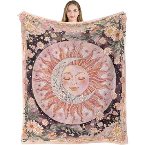 Neasow Sun Moon Daisy Throw Blanket, Boho Aesthetic Floral Blanket, Super Soft Pink Bohemian Decor for Couch Dorm Sofa Room, 50×60 inch