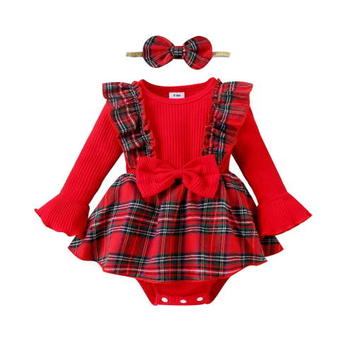 Baby Girls Christmas Long Sleeve Romper Dress Infant Ribbed Plaid Bodysuit and Headband 2Pcs Newborn Fall Jumpsuits