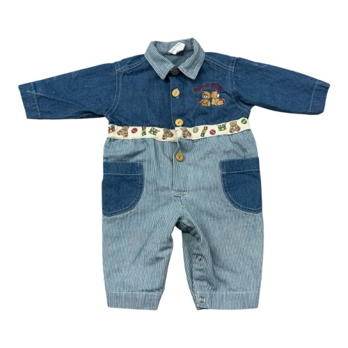 Vintage Baby Togs Denim Teddy Bear Striped Jumpsuit Embroidered Size 6-9 Months