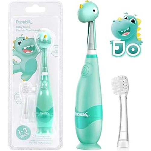 Papablic Toddler Sonic Electric Kids Toothbrush for Ages 1-3, Dino (Jo) | Baby Electric Toothbrush, with Cute Dino Cover, Smart LED Timer, 2 Brush Heads (Jo)