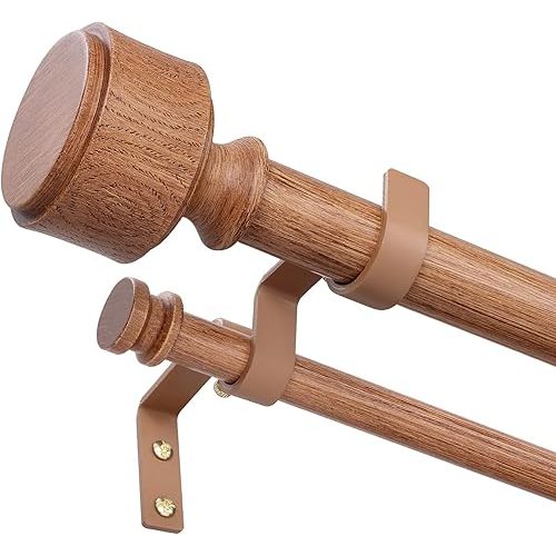 Wood Double Curtain Rods for Windows 36 to 72 Inch, Adjustable Decorative 1" Boho Heavy Duty Dual Curtain Rod, Vintage Farmhouse Double Drapery Pole with Modern Wood Grain Annual Ring Finial