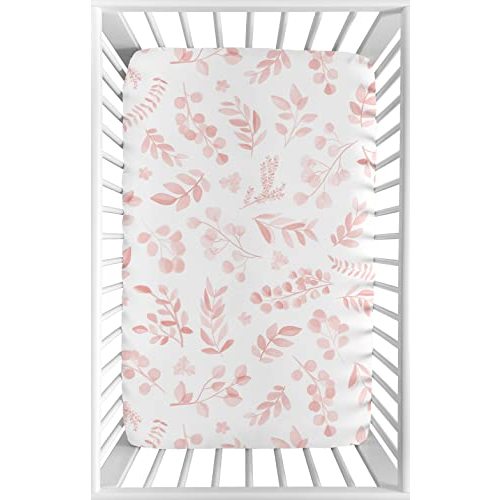 Sweet Jojo Designs Blush Pink and White Floral Leaf Girl Fitted Mini Crib Sheet Baby Nursery for Portable Crib or Pack and Play Boho Chic Bohemian Watercolor Botanical Flower Woodland Tropical Garden