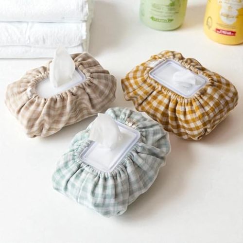 Baby Wipes Cover – Universal Size, One Size Fits All Wipes Packages | Muslin Cotton Tissue Cover for Nursery, Diaper Bag & Changing Table, Station | Gingham & Neutral Patterns (3-Gingham Mint)