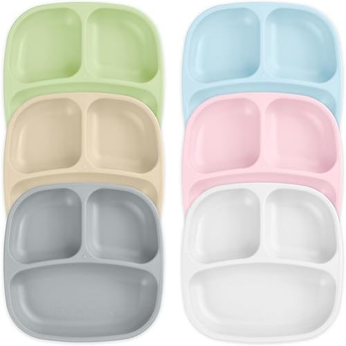 Re-Play Made in USA Deep Walled 3 Compartment Plates, Pack of 6 - Reusable Divided Plates for Kids, Dishwasher and Microwave Safe - Durable Toddler Plates 7.37" x 7.37" x 1.25", Meadow