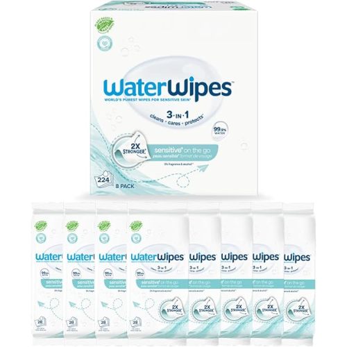 WaterWipes Sensitive+ On The Go Wipes, 3-In-1 Cleans, Cares, Protects, 99.9% Water, Unscented & Hypoallergenic Wet Wipes, 224 Count (8 Packs)