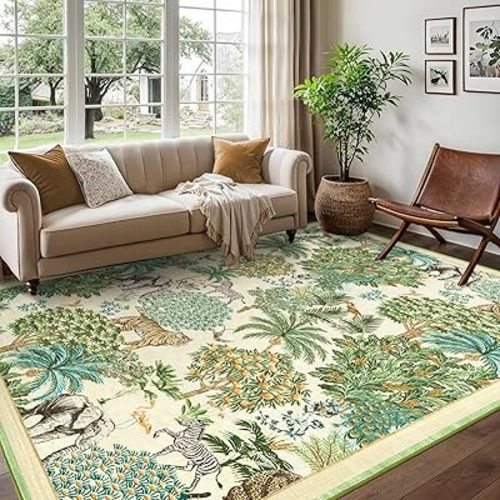 GarveeHome Jungle Animal Print Rug 6x9 Washable Area Rugs for Living Room, Forest Rug Non Slip Low Pile Stain Resistance Large Throw Carpet for Bedroom Dining Room Kids Playroom Nursery, Beige