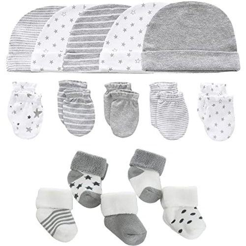 MAMIMAKA Newborn Baby Boy Girl Caps Mittens Socks Set Cotton Baby Essentials Accessories (Hats+Gloves+Socks)
