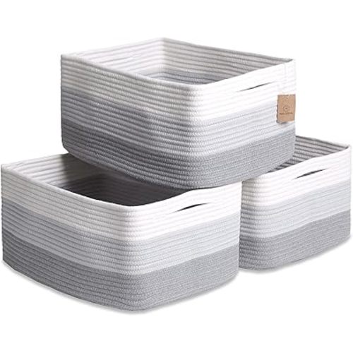 NaturalCozy Storage Baskets 16.8”x13”x7.6” Cotton Rope Woven Baskets for Organizing 3-Pack | Toy Storage Bins | Basket for Shelves, Laundry, Blanket, Clothes, Closet, Kitchen, Bathroom, Gifts