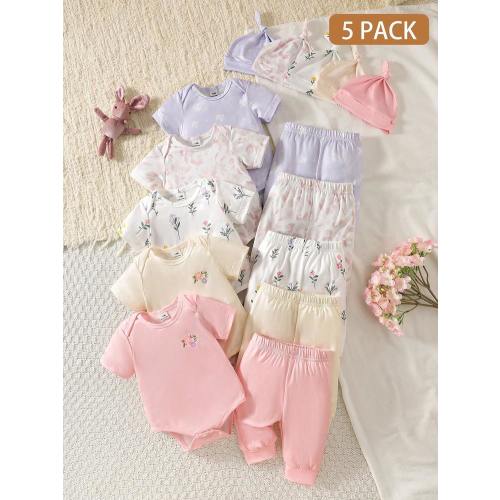 SHEIN Unisex Newborn Baby 5pcs Set - Romper + Pants + Hat, Cute Summer Outfit | SHEIN USA