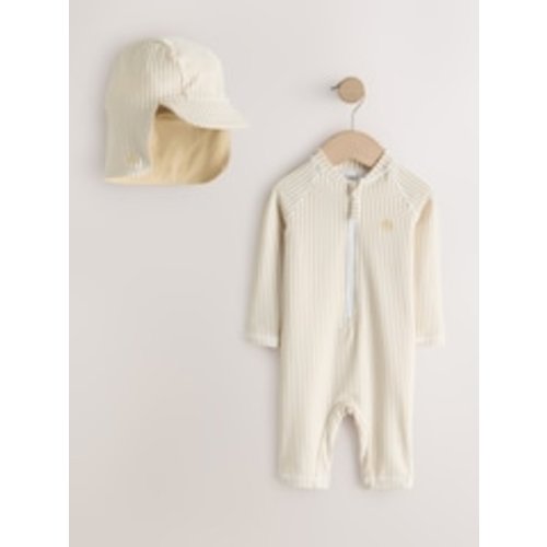 Neutral Striped Sunsafe Swimsuit and Hat Set (6-9mths) from Next USA