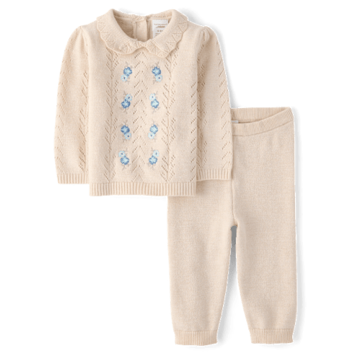 Baby Girls Embroidered Floral Crochet Sweater 2-Piece Outfit Set - Tan
