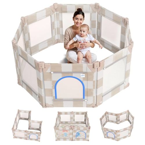 Tiny Marvels Baby Playpen, 50 x 50 in Play Pen for Babies and Toddlers, Foldable Baby Playpen, Play Yard for Infants with Breathable Mesh, Playard with Gate (Sand Checks,Mat not Included)