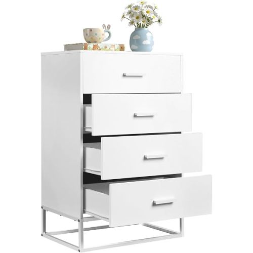 WLIVE White Desk，Tall Deskwith 4 Drawers, Wood Chest of Drawers with Sturdy Metal Frame for Closet, Living Room, Hallway