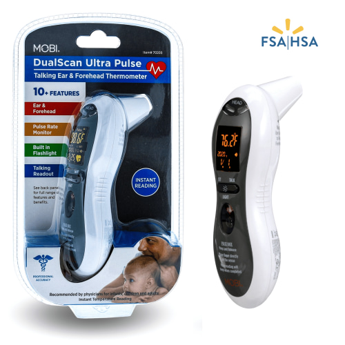 Mobi Ultra Pulse Ear & Forehead Digital Thermometer with Pulse Rate Monitor, Flashlight and Talking Readout in 3 languages