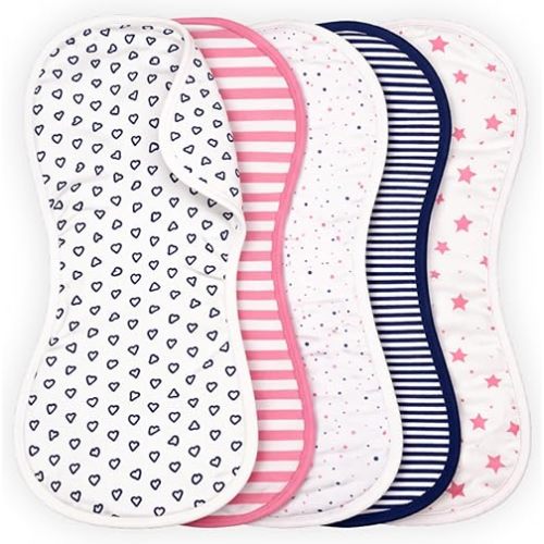 Tom Tom's Kids + Baby Organic Baby Burp Cloths 5 Pack - GOTS Certified Organic Cotton, Contoured Figure-8 Design, Extra Absorbent, 22x11 in, Preppy Coastal Print Newborn Essentials, Pink and Navy