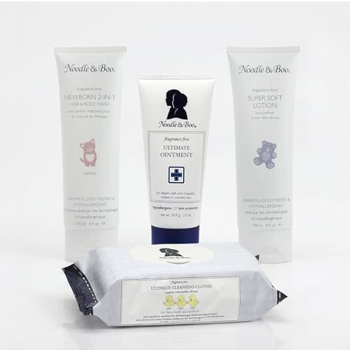 Noodle & Boo Fragrance Free Baby Skincare 4-Piece Bundle  Ultimate Baby Ointment, 2-in-1 Newborn Shampoo & Body Wash, Super Soft Baby Lotion & Cleansing Cloths for Sensitive Skin
