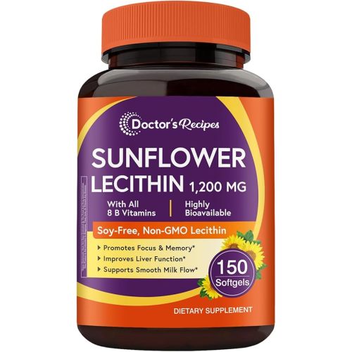Doctor's Recipes Sunflower Lecithin 1200 mg, for Men & Women, Non-GMO, All 8 B Vitamins with Folate, Methyl B12, B6, Biotin & Inositol, Nerve, Cellular Energy Support, 150 Softgels