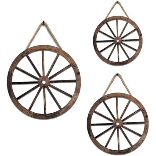 iMagitek 3 Pack Wooden Wagon Wheel Decor Vintage Old Western Decor Farmhouse Hanging Decorative Wheels for Garden Home Bar Garage 12/10/8 Inch
