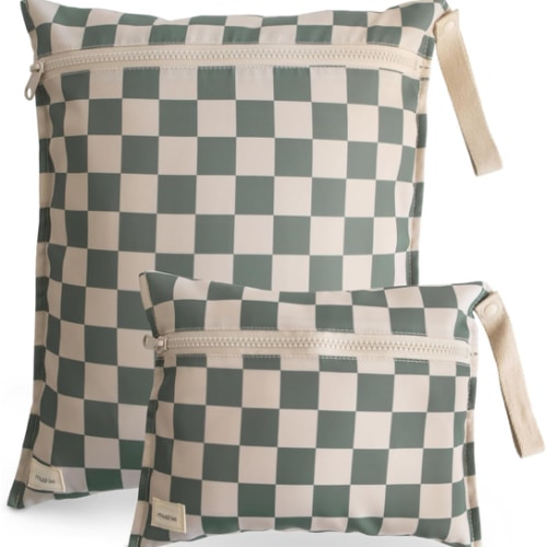 mushie Water Resistant Wet Bags | Large & Small Reusable Storage Bag for Baby Items and Travel | Zippered Pockets with Handle | Machine Washable, Set of 2 (Olive Check)