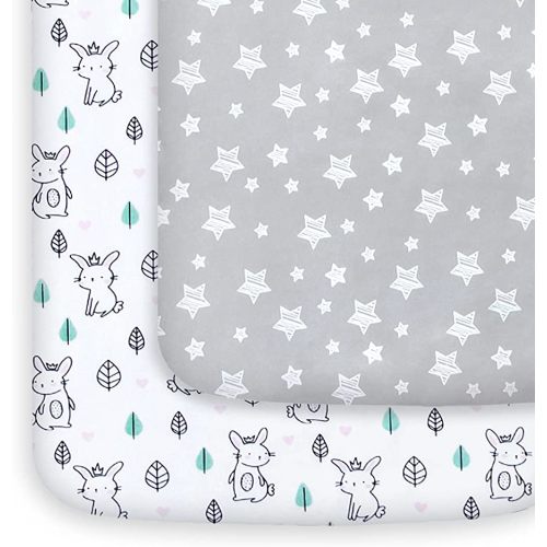 Pack and Play Sheets, 2 Pack Mini Crib Sheets, Stretchy Playard Fitted Sheet, Compatible with Graco Pack n Play, Soft and Breathable Material, Stars & Bunny