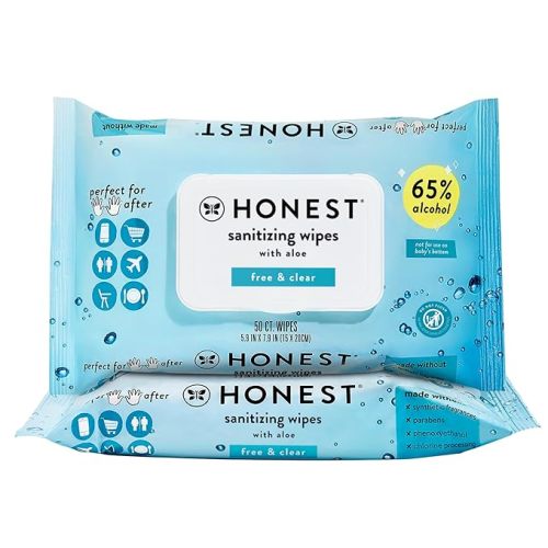 The Honest Company Fragrance-Free Sanitizing Alcohol Wipes, Antibacterial, Safe for Hands Kills 99% of Germs, Made With Aloe, 100 Count, (2 Packs 50)