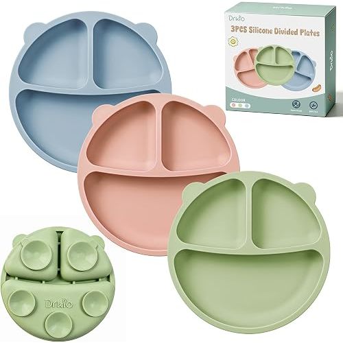 DRKIO 3 Pack Silicone Toddler Plates, Divided Suction Plates for Baby