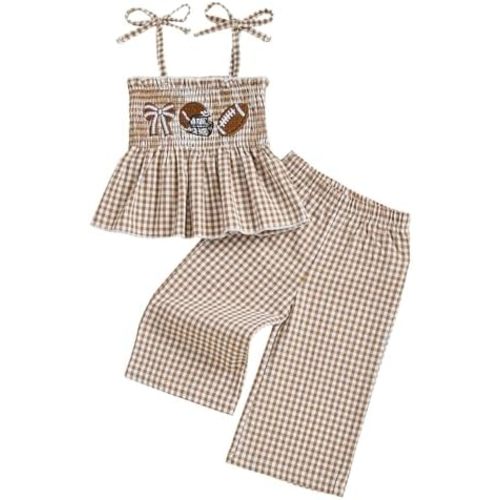 VISGOGO Toddler Baby Football Girl Outfit Bow Smocked Spaghetti Strap Plaid Tops Pants Embroidery Football Baby Girl Clothes