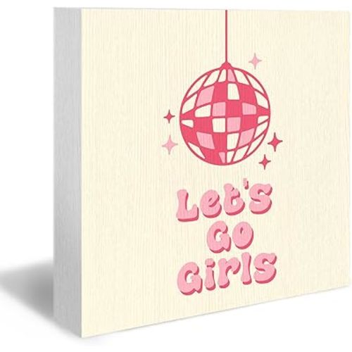 Let's Go Girls Wooden Box Signs, Pink Disco Ball Desk Shelf Decor, Teen Girls Preppy Dorm Room Decor, Pink Preppy Block Sign Decor for Baby Girl Nursery Home Room Table Desk Shelf