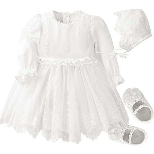 Booulfi Baptism Dresses for Baby Girls Infant Lace White Baby Dress Christening Baby Girl Outfit 3 Pcs Set