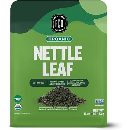 FGO Organic Nettle Leaf Loose Tea, Cut and Sifted, Caffeine Free, 16oz Bulk Resealable Bag, Packaging May Vary (Pack of 1)
