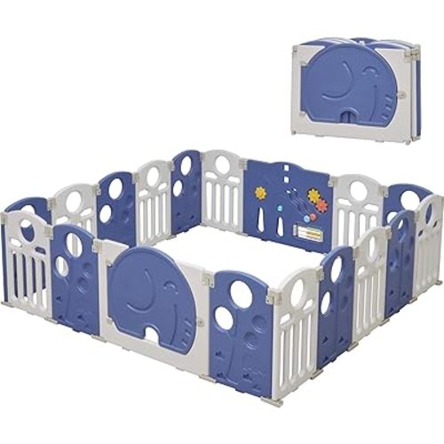 Baby Playpen, 18-Panel Foldable Play Pen for Babies and Toddlers, Indoor Outdoor Baby Fence with Sensory Play Panel, Adjustable Shape Activity Play Center, Portable & Easy Assemble