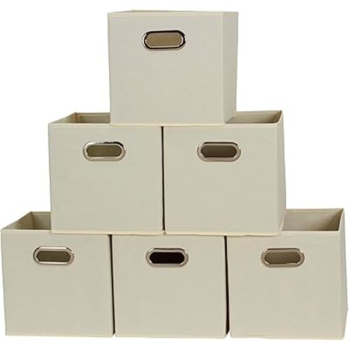 Fabric Storage Bins 6 Piece Set, Strong Poly-Woven Fabric, Sturdy Chipboard Sides, Grommet Front Handle, Stackable and Foldable, Classic Design, Cream