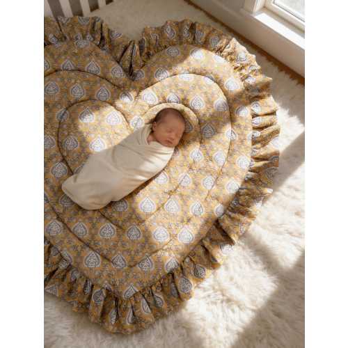 Heart Shaped Baby Play Mat, Vintage Blue Floral Ruffle, Padded Cotton