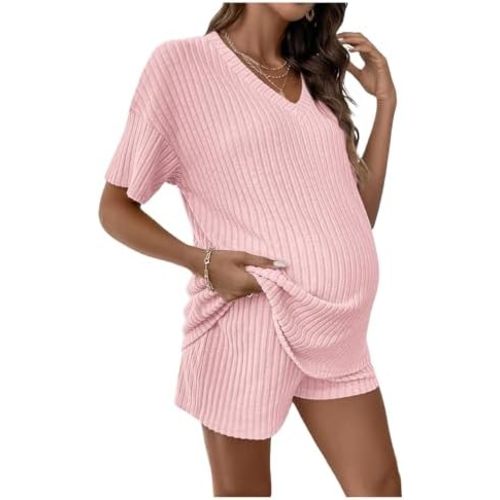 SweatyRocks Women's Maternity 2 Piece Outfits V Neck Short Sleeve Top and Elastic Waist Shorts Set